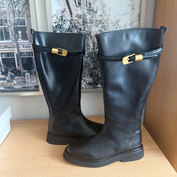 NWT Reiss Black Briony Leather Knee Boots with Gold Buckle - Picture 9 of 13